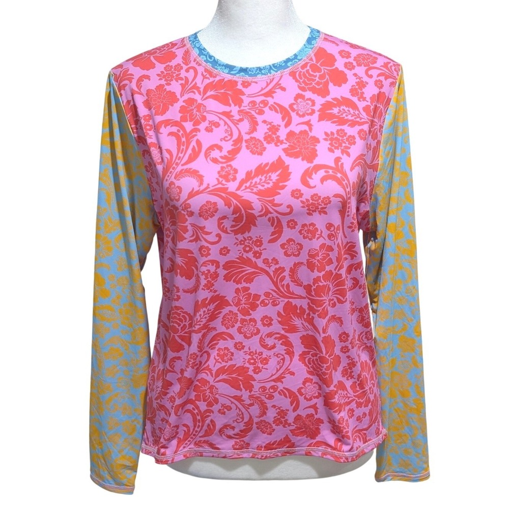 Roxy Tapestry Pathwork Sea Skippin Color Block Rash Guard Pink Blue Orange M NWT